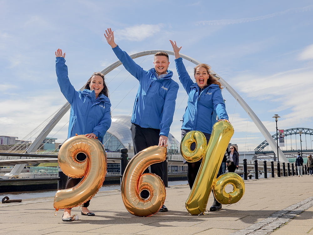 Three customer experience ambassadors holding balloons in the Quayside